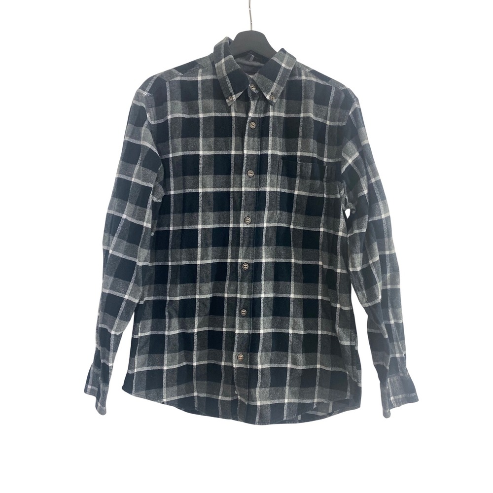 Weatherproof Vintage Flannel Shirt Mens M Black Grey Excellent Plaid Button Down